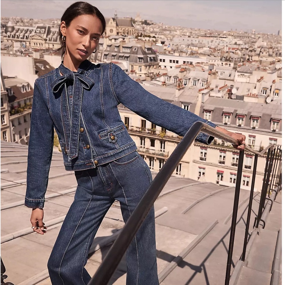Bow Collarless Denim Jacket in Refined Mid Indigo Wash